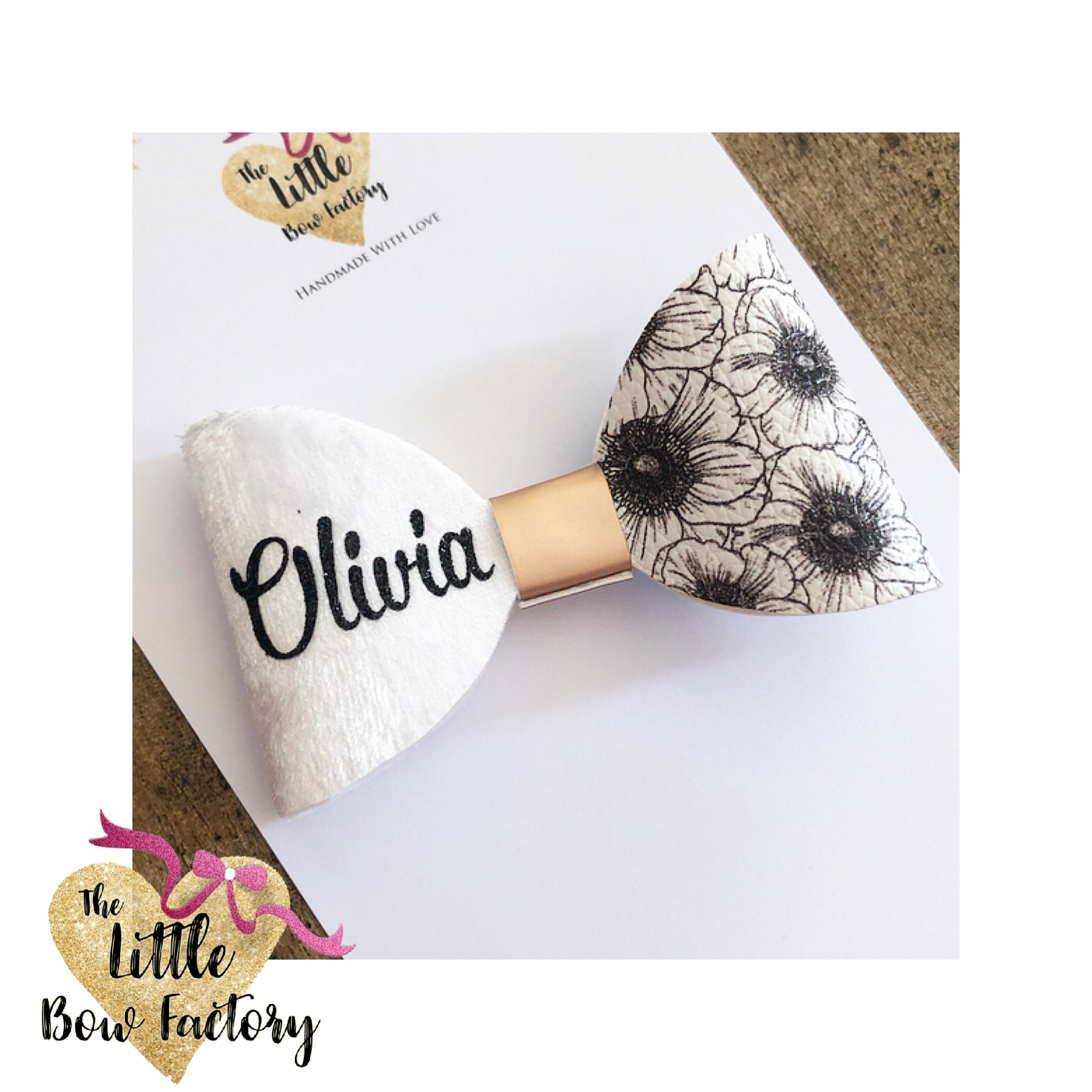 Ltd edition monochrome floral personalised name / initial bow